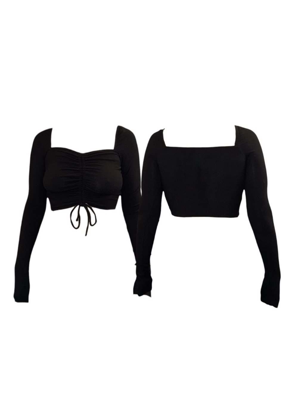 Black Long-Sleeve Ruched Front Crop Top